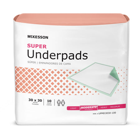 McKesson UPMD3030-100 Super Moderate Absorbency Underpad, 30 x 30 Inch