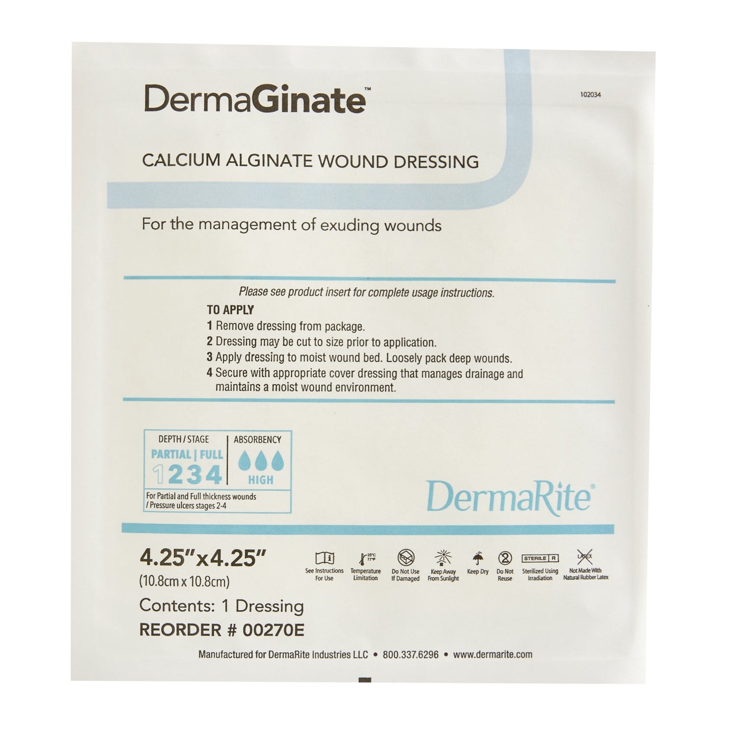 DermaGinate® Alginate Dressing, 4-1/4 x 4-1/4 Inch