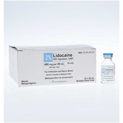 AuroMedics Pharma 2% Lidocaine HCl, Injection, Multiple Dose Vial, 20mg/mL, 50mL, 25/Flat, 55150-0256-50 by AuroMedics.