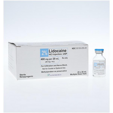 AuroMedics Pharma 2% Lidocaine HCl, Injection, Multiple Dose Vial, 20mg/mL, 50mL, 25/Flat, 55150-0256-50 by AuroMedics.